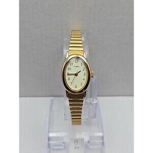 Timex Cavatina Gold Tone Oval Womens Quartz Watch Stretch Band New Battery Dress